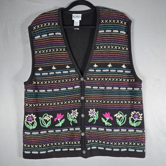 Koret Francisca Sweaters - Koret Francisca Sweater Vest Womens L Black Floral Embroidered Knit Cottagecore